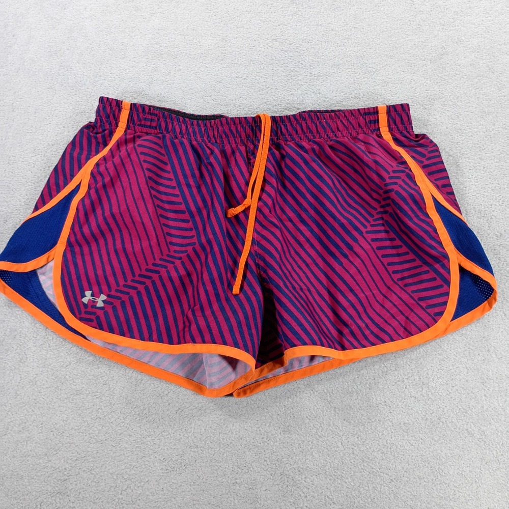 Under Armour Women Fly-By Pink Blue Striped Medium HeatGear Running Shorts